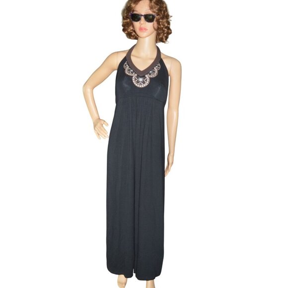 NWT Tommy Bahama Beaded Halter Boho Maxi Dress Black Brown Women's Size Large - Picture 3 of 8